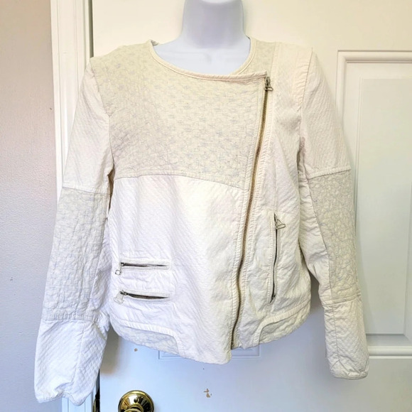 ZARA Women's Quilted White Moto Motorcycle Jacket Zippers Pockets Size L - Picture 1 of 14